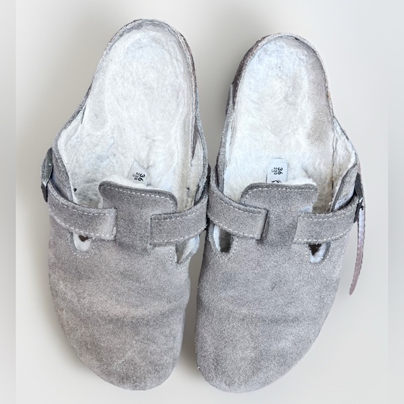 Birkenstock Taupe Suede Shearling Slides 36 - Picture 1 of 9